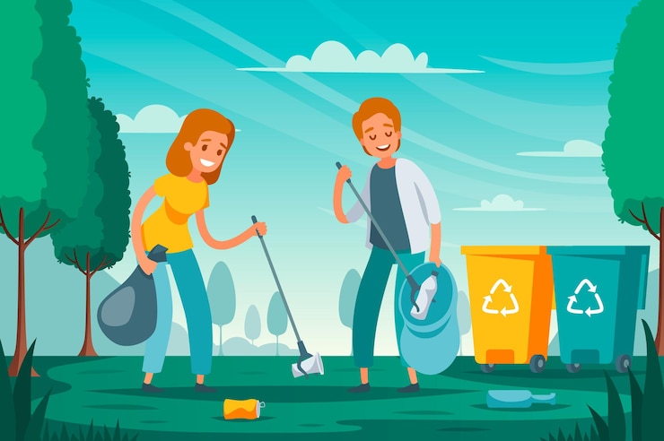 Free Vector modern garbage collection waste sorting flat composition with volunteers picking up litter junk left outdoor  illustration