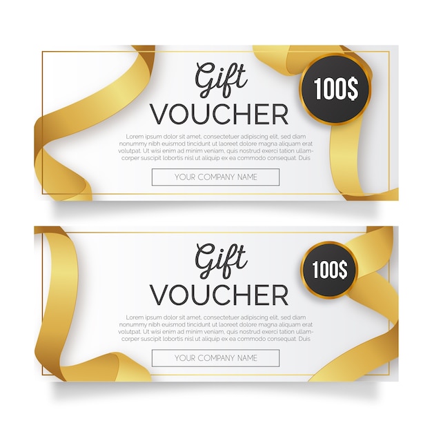 Modern gift voucher with realistic golden ribbon