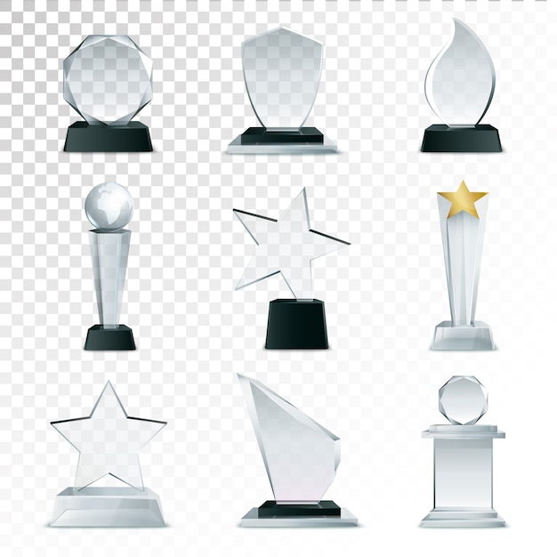 Free vector modern glass cup trophies and challenge prizes side view realistic icons collection