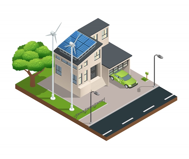 Vettore gratuito moderna casa ecologica verde con pannelli solari da giardino garage che producono elettricità sul tetto