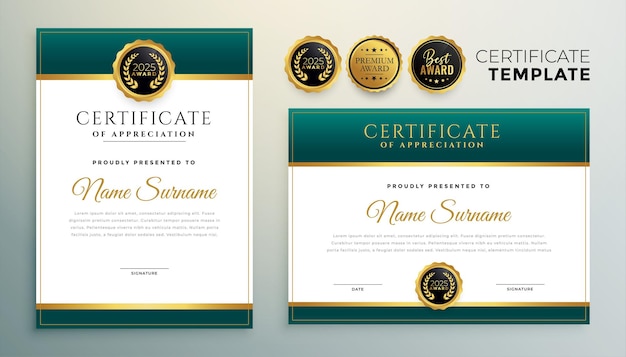 Design moderno modello di certificato verde e oro