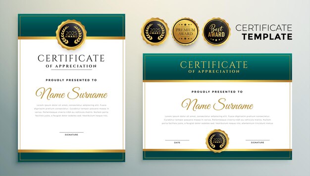 Современный дизайн шаблона сертификата зеленый и золотой
