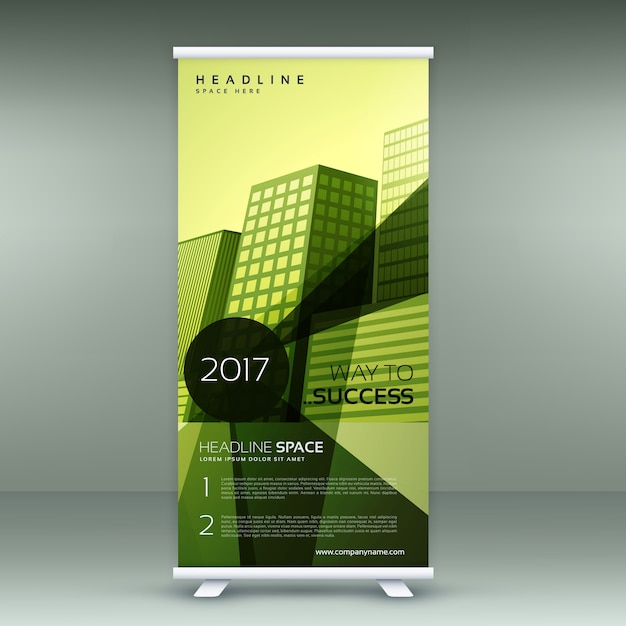 Verde roll up design moderno banner stand con forme geometriche trasparenti