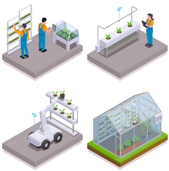 현대 온실 아이소메트릭 아이콘은 기후 제어 일러스트레이션이 있는 식물 및 온실 작업을 위한 묘목 로봇용 스마트 스프링클러를 설정합니다.