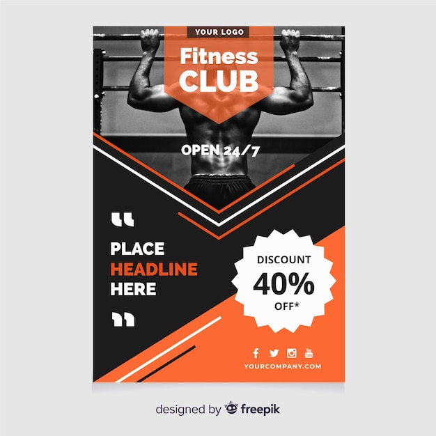 Free vector modern gym flyer template with photo