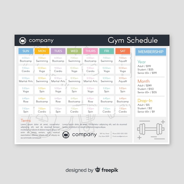 Free vector modern gym schedule template with flat design