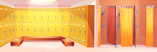 Modern gym or sport club comfortable locker room interior cartoon vector background