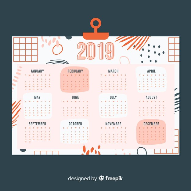 Free vector modern hand drawn 2019 calendar template