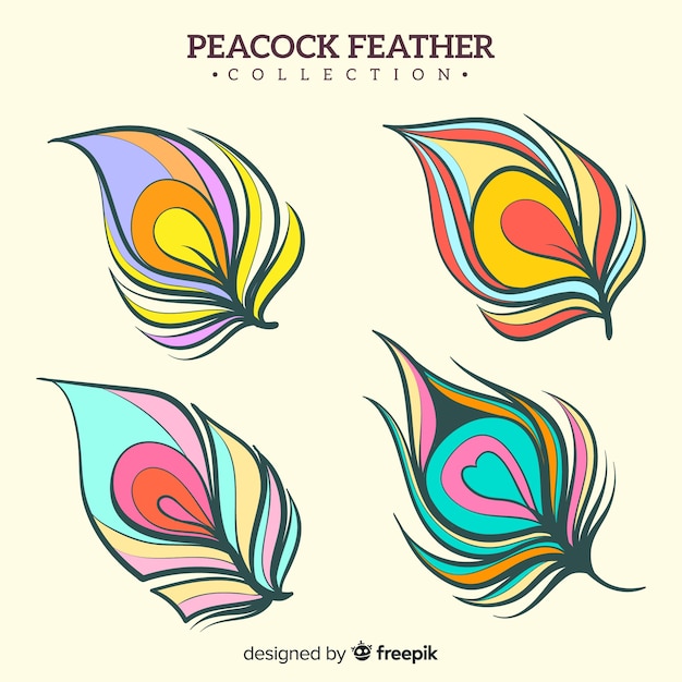 Free vector modern hand drawn peacock feather collection