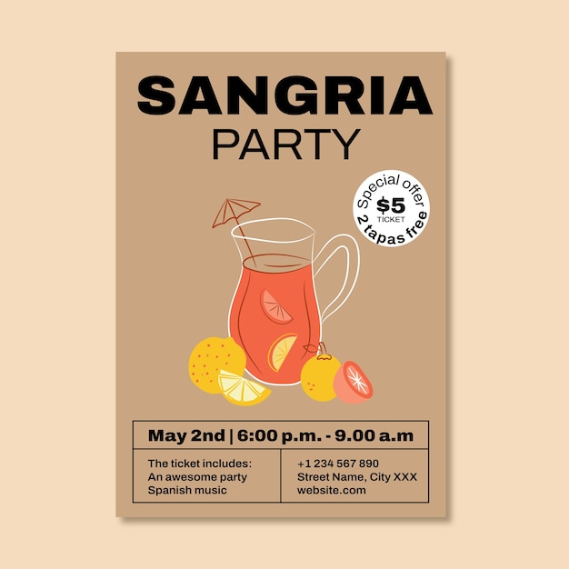 Volantino per feste notturne sangria disegnato a mano moderno