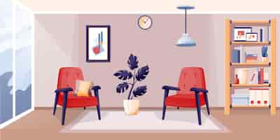免费矢量现代家庭室内设计客厅房间在家休息两个扶手椅站在书架花瓶植物舒适放松