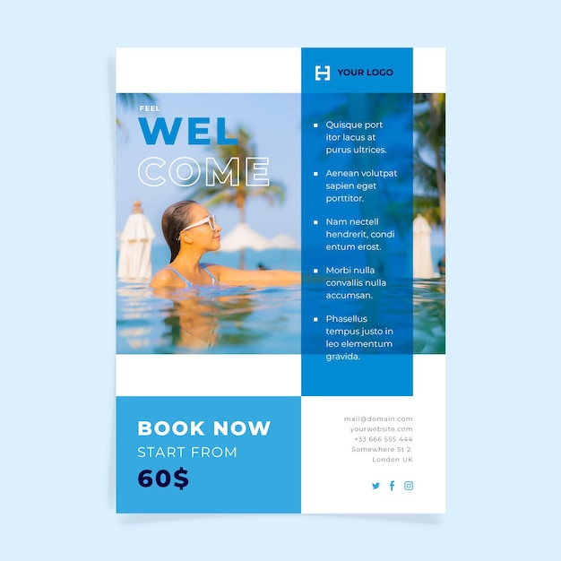 Free vector modern hotel flyer template with photo