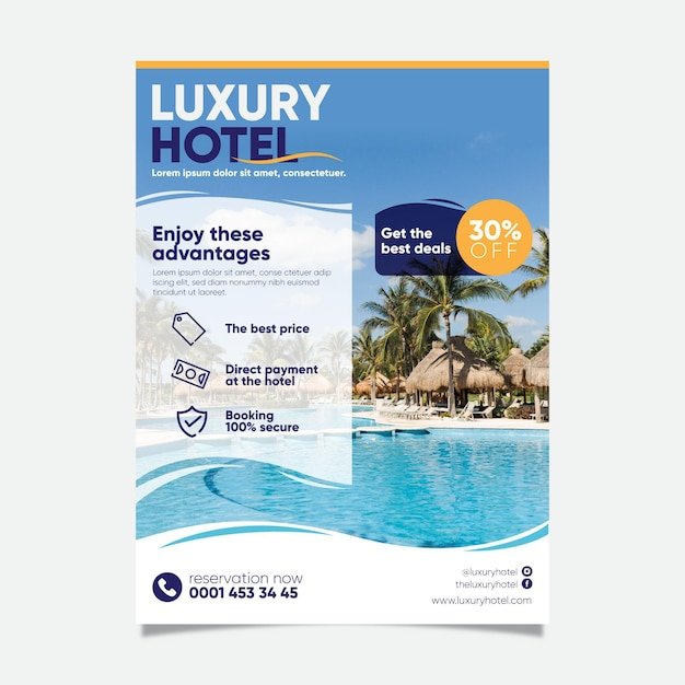 Free vector modern hotel flyer template with photo