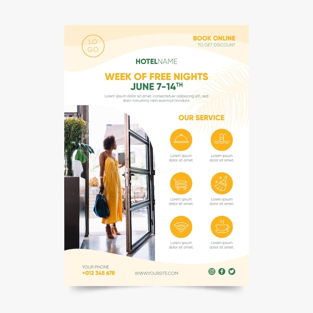無料ベクター 写真付きのモダンなホテル情報チラシ