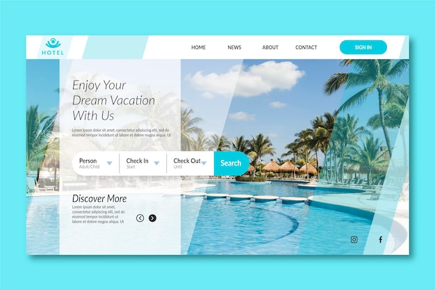 Free vector modern hotel landing page template with photo