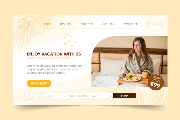 Free vector modern hotel landing page template with photo