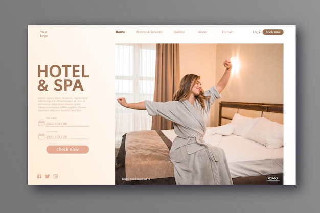 Vettore gratuito modello di pagina di destinazione dell'hotel moderno con foto