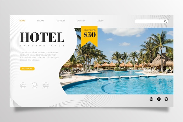 Free vector modern hotel landing page template with photo