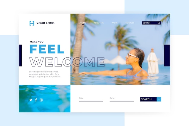 Free vector modern hotel landing page template with photo