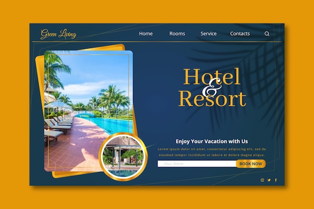 Free vector modern hotel landing page template with photo