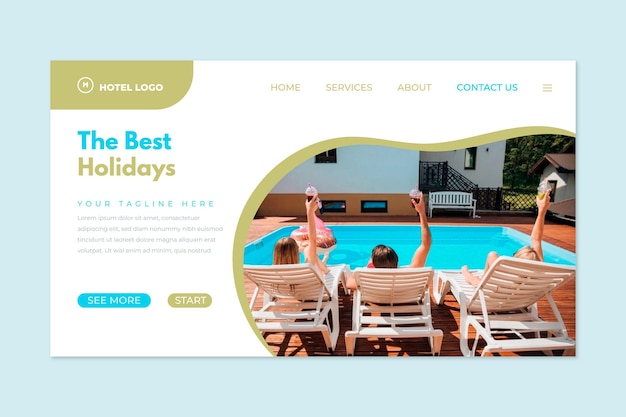 Free vector modern hotel landing page template with photo