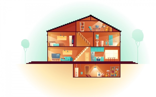 Modern house, three-storey cottage cross section interiors cartoon with laundry in basement