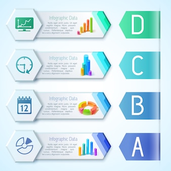 Современные инфографические бизнес-горизонтальные баннеры с текстовыми диаграммами, диаграммами, диаграммами и значками на шестиугольниках
