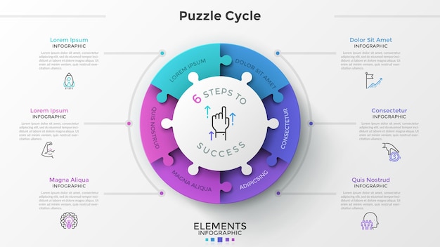 Modern infographic options banner with pie chart divided into 6 puzzle elements. vector. can be used for web design and workflow layout