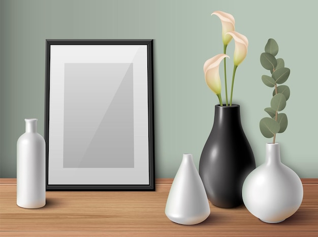 modern interior design with ceramic porcelain vases and blank photo frame realistic vector illustration