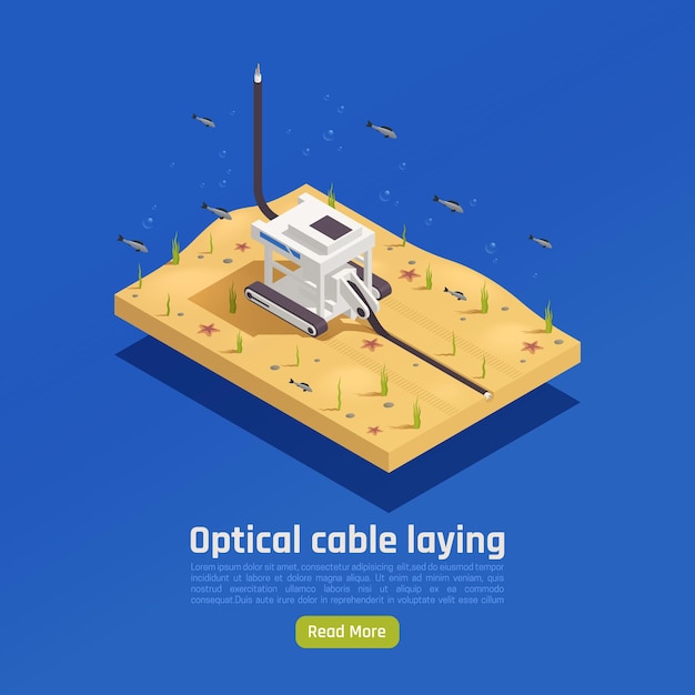 Modern internet 5g communication technology isometric composition with image of automated machine installing cable in underwater