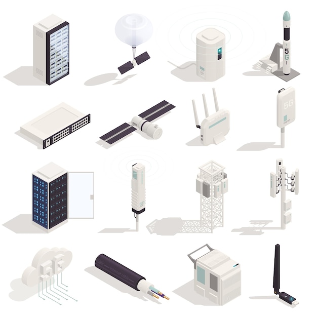 Free vector modern internet 5g communication technology isometric set with sixteen isolated icons of network electronics with shadows vector illustration