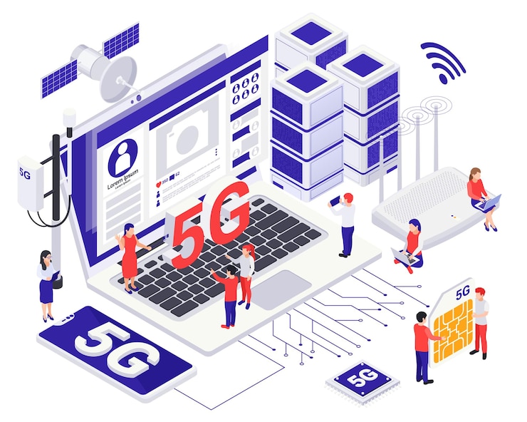 Free Vector modern internet communication 5g technology isometric  concept with small characters near big equipment