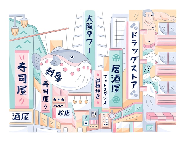 Free vector modern japanese street with buildings