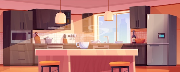 Современный дизайн интерьера кухни с мебелью и посудой. Векторная мультяшная иллюстрация утренней кофейной чашки на столе. Коричневые ящики на стенах. Холодильник, микроволновая печь. Солнце, светящее через окно.