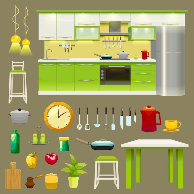 Free vector modern kitchen interior icon set