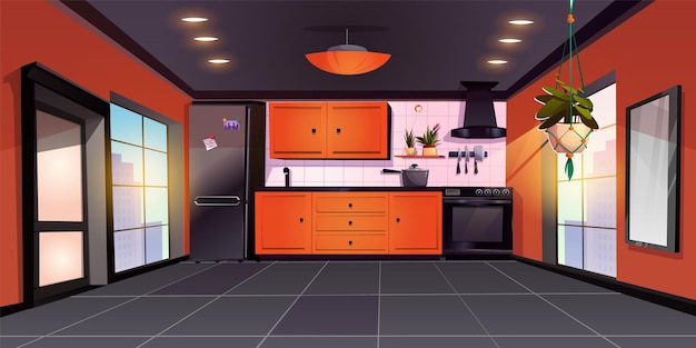 Vettore gratuito interno di una cucina moderna in un appartamento urbano illustrazione vettoriale di un cartone animato di una spaziosa sala da pranzo con mobili ed elettrodomestici, frigorifero, forno, fornello, vista sul paesaggio urbano mattutino nella grande finestra