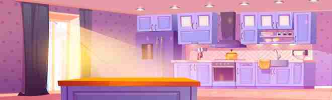 Free vector modern kitchen interior with clean furniture and kitchenware vector cartoon illustration of dining room sun shining through large window dishes on cupboard shelf table cooker oven and fridge