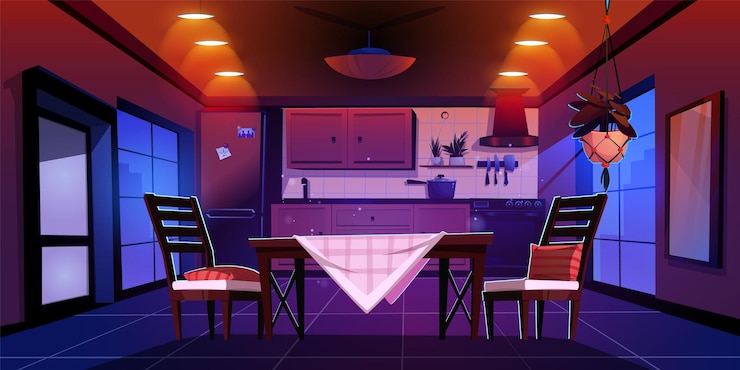 Free Vector modern kitchen in urban apartment at night vector cartoon illustration of spacious dining room illuminated with lamps table and chairs fridge oven cooker evening cityscape view in large window