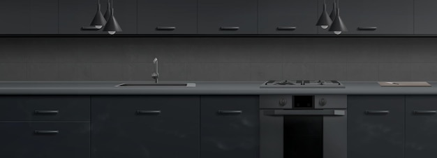 modern kitchen with gas stove sink at night