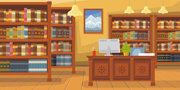 Free vector modern library with bookshelf illustration