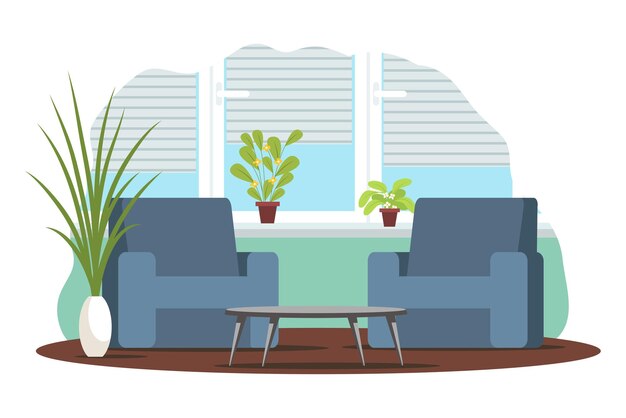 2개의 안락의자 매트 식물 테이블이 있는 현대적인 거실 인테리어 디자인 배경 공간 블라인드가 있는 휴식 및 레크리에이션 창을 위한 빈 아늑한 공간
