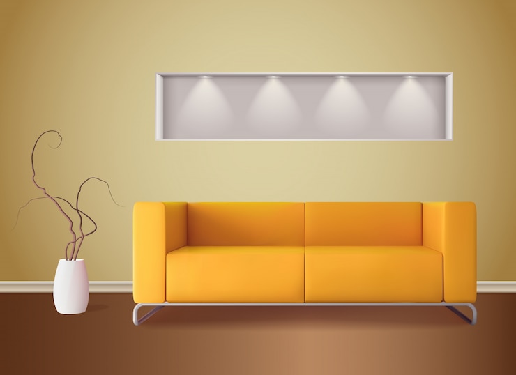 Free Vector modern living room interior with bright corn color sofa and soft shades yellow wall  realistic illustration