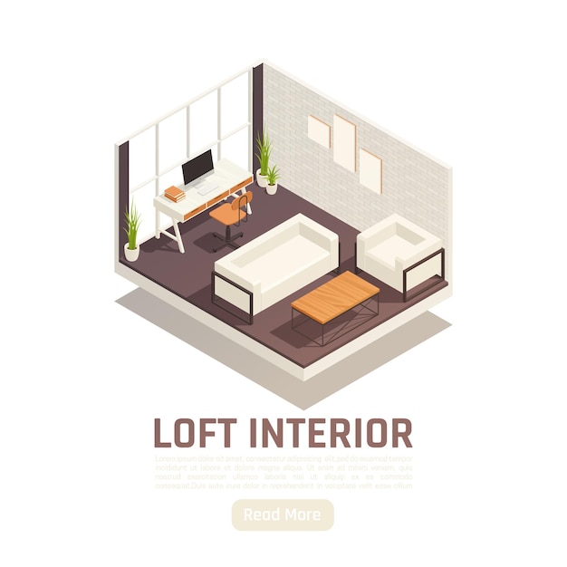 Free vector modern loft study interior isometric banner