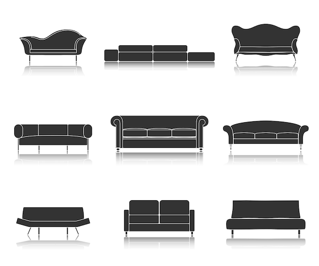 Modern luxury black sofas and couches furniture icons set for living room vector illustration