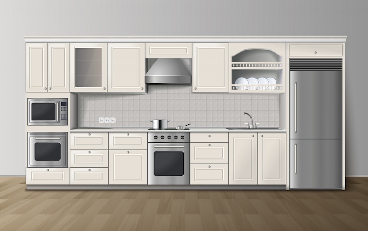 Free Vector modern luxury kitchen white cabinets with built-in cooker and refrigerator realistic side view image