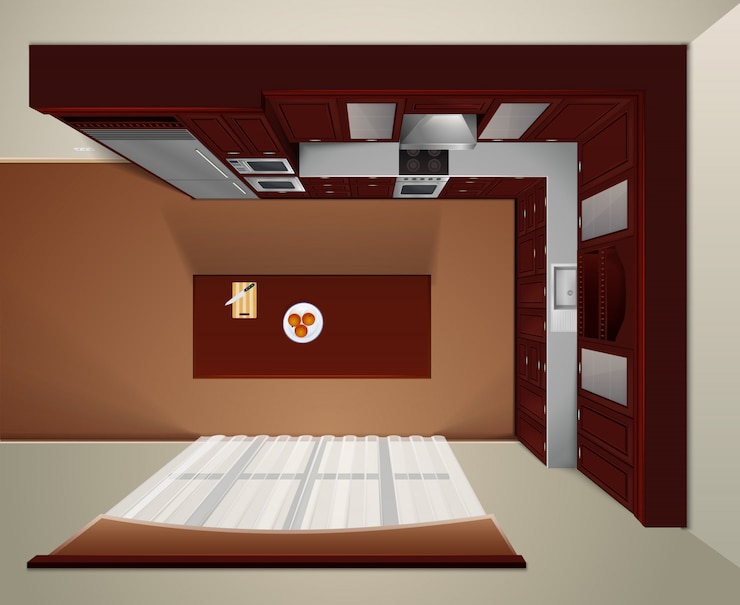 Free Vector modern luxury kitchen with dark wood corner cabinets and dinner table 