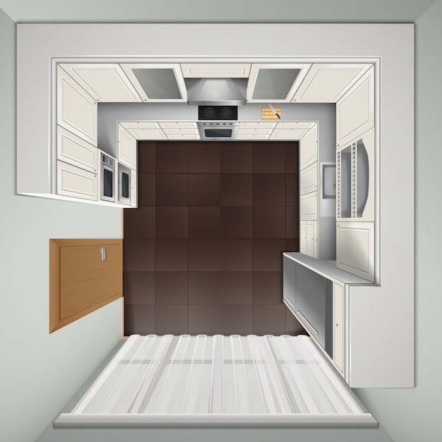 Современная роскошная кухня с белыми шкафами, встроенной плитой и холодильником, вид сверху реалистичное изображение