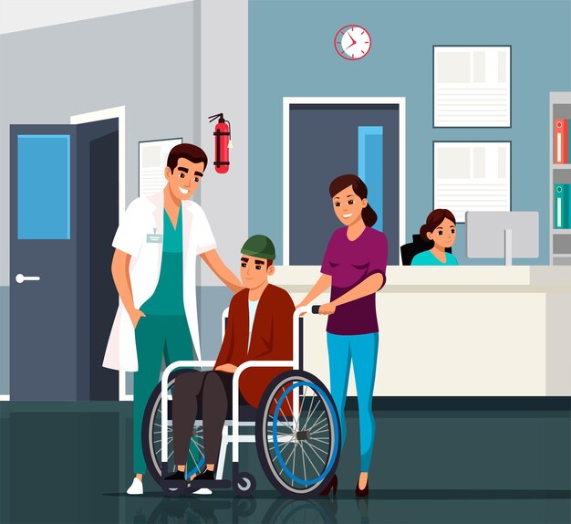 Modern medical clinic Doctor therapist and nurse with disabled person in wheelchair