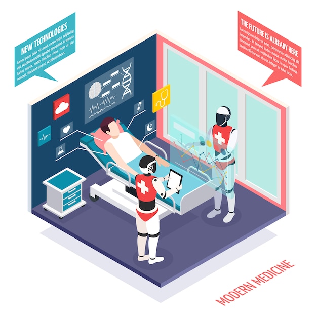 Free vector modern medical technologies in health care isometric composition with two nanorobots preparing patient for surgery illustration