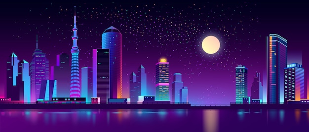 Modern megapolis on river at night